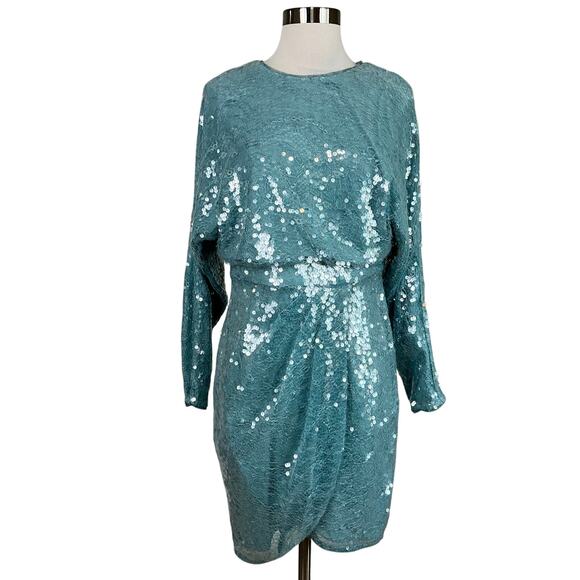 Aidan Mattox Sequined Lace Long Sleeve Cocktail Dress Blue Size 6 Mini Sheath - Picture 1 of 13